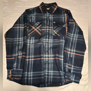 Dixxon Flannel Fox Racing Men's Plaid Button-Up Shirt Black and Orange Large